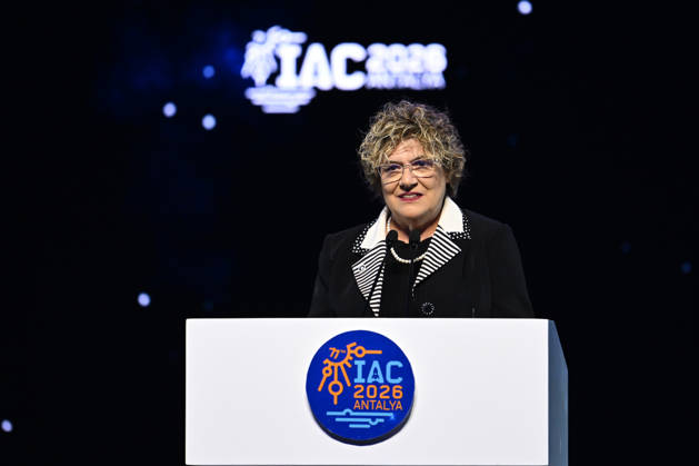 77th International Astronautical Congress in Antalya ANTALYA, TURKIYE - OCTOBER 5: President of the International Astronautical Federation (IAF) Gabriella Arrigo delivers a speech during opening ceremony of 77th International Astronautical Congress at NEST Congress and Exhibition Centre in Antalya, Turkiye on October 5, 2026. Muhammed Abdullah Kurtar Anadolu Antalya Turkey. Editorial use only. Please get in touch for any other usage.  Copyright: x2026xAnadoluxMuhammedxAbdullahxKurtarx