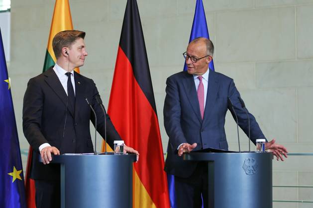 Berlin, Deutschland, 05.10.2026: Bundeskanzleramt: Empfang des Premierministers von Litauen: Mindaugas Sinkevicius und Bundeskanzler Friedrich Merz (CDU) in einer gemeinsamen Pressekonferenz. Copyright: xdtsxNachrichtenagenturx dts_137169