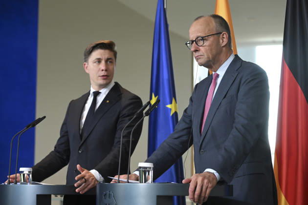 German Chancellor Merz and Lithuanian PM Sinkevicius hold joint press conference in Berlin BERLIN, GERMANY - OCTOBER 05: German Chancellor Friedrich Merz and Lithuanian Prime Minister Mindaugas Sinkevicius hold a joint press conference following their meeting at the Federal Chancellery in Berlin, Germany on October 05, 2026. Halil Sagirkaya Anadolu Berlin Germany. Editorial use only. Please get in touch for any other usage.  Copyright: x2026xAnadoluxHalilxSagirkayax