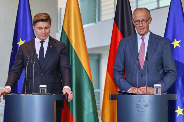 Berlin, Deutschland, 05.10.2026: Bundeskanzleramt: Empfang des Premierministers von Litauen: Mindaugas Sinkevicius und Bundeskanzler Friedrich Merz (CDU) in einer gemeinsamen Pressekonferenz. Copyright: xdtsxNachrichtenagenturx dts_137190