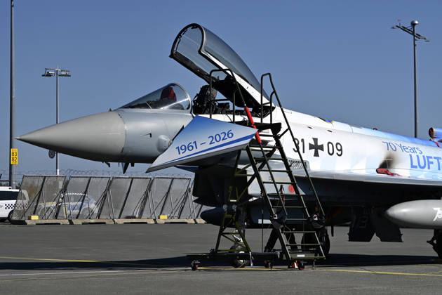 Anlässlich der Übung Dispersed Operations 2026 am Flughafen Nürnberg starten Eurofighter des Taktisches Luftwaffengeschwader 74. Die Luftwaffe trainiert auf dem zivilen Flughafen Nürnberg Starts und Landungen. (Themenbild, Symbolbild) Nürnberg, 05.10.2026 Bayern Deutschland Copyright: xDwixAnoraganingrumx