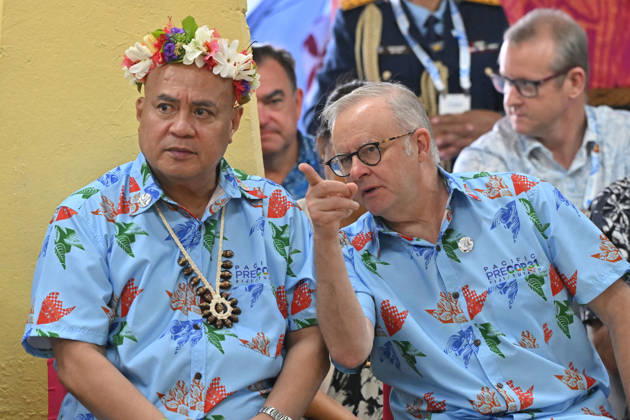ANTHONY ALBANESE PRECOP MEETING, Tuvalu™s Prime Minister Feleti Teo and Australia™s Prime Minister Anthony Albanese during a traditional welcome ceremony during the Pre-Cop31 meeting in Tuvalu, Tuesday, October 6, 2026. ( NO ARCHIVING Funafuti Tuvalu  Copyright: xMICKxTSIKASx 20261006123815872174
