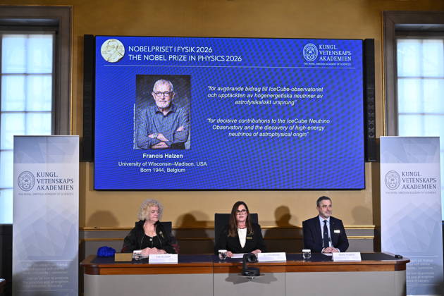Eva Olsson, Ellen Moons, and Mark Pearce announce Francis Halzen as the recipient of the 2026 Nobel Prize in Physics during a press conference at the Royal Swedish Academy of Sciences in Stockholm, Sweden, on October 6, 2026 STOCKHOLM SWEDEN x10430x  Copyright: xChristinexOlsson TTx SWEDEN NOBEL PRIZE 2026 PHYSICS Bno_WCNW8OI