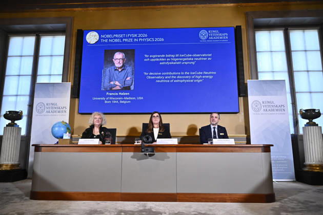 Eva Olsson, Ellen Moons, and Mark Pearce announce Francis Halzen as the recipient of the 2026 Nobel Prize in Physics during a press conference at the Royal Swedish Academy of Sciences in Stockholm, Sweden, on October 6, 2026 STOCKHOLM SWEDEN x10430x  Copyright: xChristinexOlsson TTx SWEDEN NOBEL PRIZE 2026 PHYSICS c_7D_-iWscw