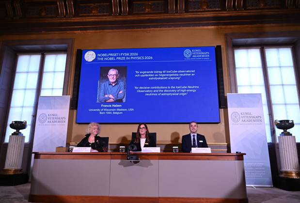 (261006) -- STOCKHOLM, Oct. 6, 2026 -- The 2026 Nobel Prize in Physics is announced in Stockholm, Sweden, Oct. 6, 2026. Francis Halzen has been awarded the Nobel Prize in Physics 2026 for decisive contributions to the IceCube Neutrino Observatory and the discovery of high-energy neutrinos of astrophysical origin, the Royal Swedish Academy of Sciences announced Tuesday. ) Photo Flash Francis Halzen wins 2026 Nobel Prize in Physics LyuxYou 