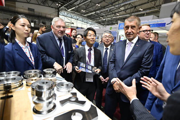 Czech Prime Minister Andrej Babis attends the opening of the 67th International Engineering Fair, which begins at Vystaviste 1 exhibition grounds in Brno, Czech Republic, on October 6th, 2026. International Fair of Machine Tools and Forming Machines IMT, International Welding Engineering Fair Welding, International Fair of Plastics, Rubber and Composites Plastex, International Fair of Surface Treatment Technologies Profintech and International Foundry Fair Fond-Ex also start. Pictured third from the right is Czech Prime Minister Andrej Babis at the Japanese booth, the second is Minister of Labor and Social Affairs Ales Juchelka. (CTKxPhoto VaclavxSalek) CTKPhotoP2026100605159  CTKPhotoP2026100605159