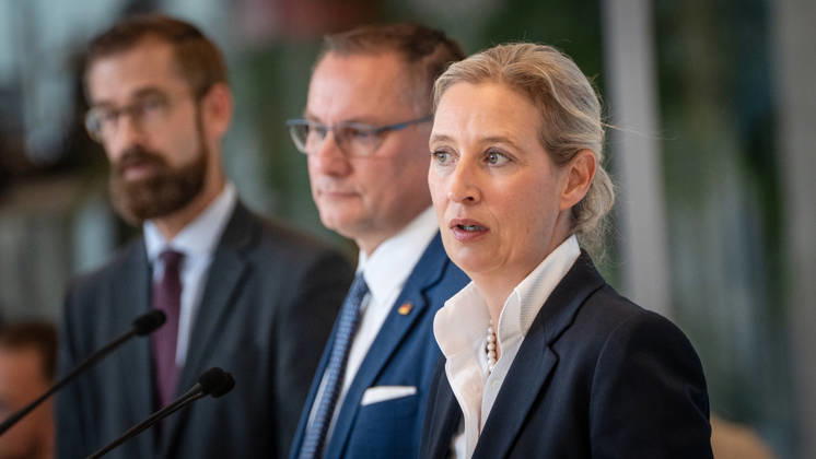 Tino Chrupalla, AfD-Partei- und Fraktionsvorsitzender mit Alice Weidel, AfD-Partei- und Fraktionsvorsitzende, im Hintergrund Marcus Schmidt, Pressesprecher der AfD-Bundestagsfraktion;Pressestatement der beiden Parteivorsitzenden und Fraktionsvorsitzenden der AfD vor Beginn der Fraktionssitzung im Deutschen Bundestag, Berlin Berlin Deutschland Bundestag