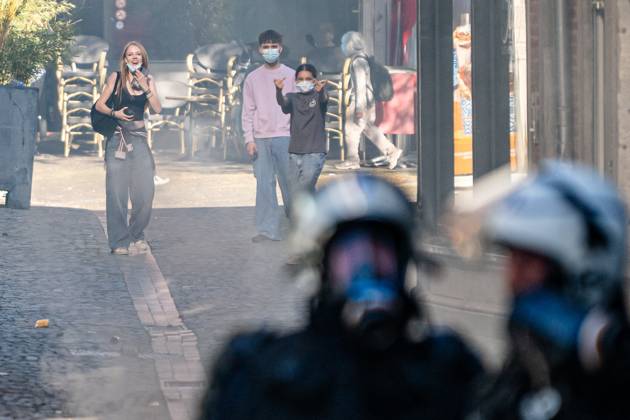 Youths and children confront riot police as students gather outside several schools in Liege during a protest against education reforms and budget cuts, on Tuesday 6 October 2026. Yesterday police arrested 16 people after the protests turned violent. The protests in French-speaking Belgium have been ongoing for months, following a series of reforms and budget cuts introduced by the French Community Government.  JONASxROOSENS 188939140