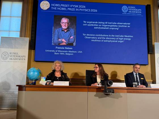 2026 Nobel Prize in Physics announced at Royal Swedish Academy of Sciences STOCKHOLM, SWEDEN - OCTOBER 06: Members of the Nobel Committee for Physics Eva Olsson (L), Ellen Moons (C), and Mark Pearce (R) attend a press conference in front of a screen displaying Belgian physicist Francis Halzen as the recipient of the 2026 Nobel Prize in Physics at the Royal Swedish Academy of Sciences in Stockholm, Sweden on October 06, 2026. The Nobel Committee announced that Halzen was awarded the prestigious prize for his pioneering work on subatomic particles and high-energy neutrino research conducted at the South Pole. Atila Altuntas Anadolu Stockholm Sweden. Editorial use only. Please get in touch for any other usage.  Copyright: x2026xAnadoluxAtilaxAltuntasx
