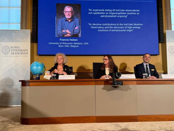 2026 Nobel Prize in Physics announced at Royal Swedish Academy of Sciences STOCKHOLM, SWEDEN - OCTOBER 06: Members of the Nobel Committee for Physics Eva Olsson (L), Ellen Moons (C), and Mark Pearce (R) attend a press conference in front of a screen displaying Belgian physicist Francis Halzen as the recipient of the 2026 Nobel Prize in Physics at the Royal Swedish Academy of Sciences in Stockholm, Sweden on October 06, 2026. The Nobel Committee announced that Halzen was awarded the prestigious prize for his pioneering work on subatomic particles and high-energy neutrino research conducted at the South Pole. Atila Altuntas Anadolu Stockholm Sweden. Editorial use only. Please get in touch for any other usage.  Copyright: x2026xAnadoluxAtilaxAltuntasx