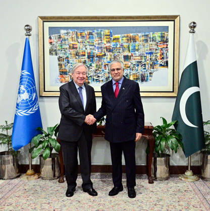 RECORD DATE NOT STATED Deputy Prime Minister Foreign Minister, Senator Mohammad Ishaq Dar shaking hands with UN Secretary-General Antonio Guterres, at the Ministry of Foreign Affairs in Islamabad on Tuesday, October 6, 2026. (PPI Images). EDITORIAL USE ONLY Copyright: xx SA-ZM-061026x ppiphotos489288