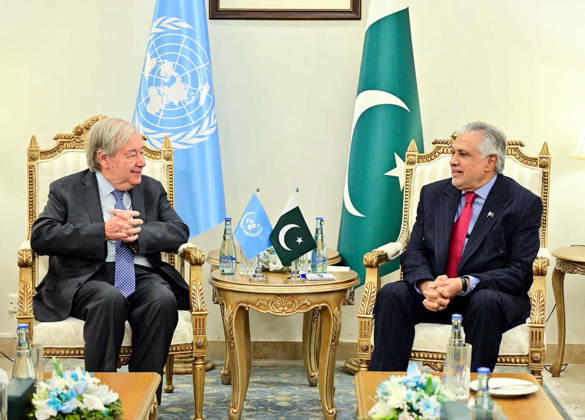 RECORD DATE NOT STATED Deputy Prime Minister Foreign Minister, Senator Mohammad Ishaq Dar exchanging views with Antonio Guterres, UN Secretary-General during meeting held at Ministry of Foreign Affairs in Islamabad on Tuesday, October 6, 2026. (PPI Images). EDITORIAL USE ONLY Copyright: xx SA-ZM-061026x ppiphotos489283