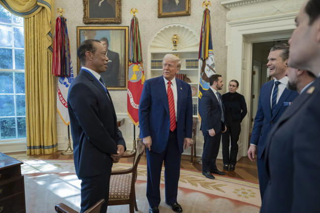 October 6, 2026, Washington, Dc, United States of America: U.S. President Donald Trump speaks with golfer Tiger Woods and officials in the Oval Office of the White House, February 20, 2025 in Washington, D.C. Woods, who received the Presidential Medal of Freedom from Trump in 2019, joined PGA Tour leaders at the White House for talks on a proposed deal with Saudi ArabiaÃ¢â‚¬â ¢s Public Investment Fund before Trump introduced him as a surprise guest at a Black History Month reception. Washington United States of America - ZUMAp138 20261006_zaa_p138_016 Copyright: xJoycexN.xBoghosian WhitexHousex
