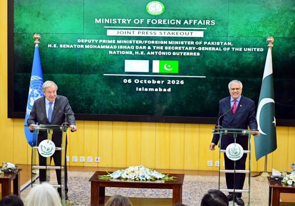 October 6, 2026, Pakistan: Deputy Prime Minister Foreign Minister Senator Muhammad Ishaq Dar and UN Secretary-General Antonio Guterres Hold Joint Press Stakeout at Ministry of Foreign Affairs in Islamabad Pakistan  - ZUMAas3_ 20261006_zaf_as3_087 Copyright: xPPIx
