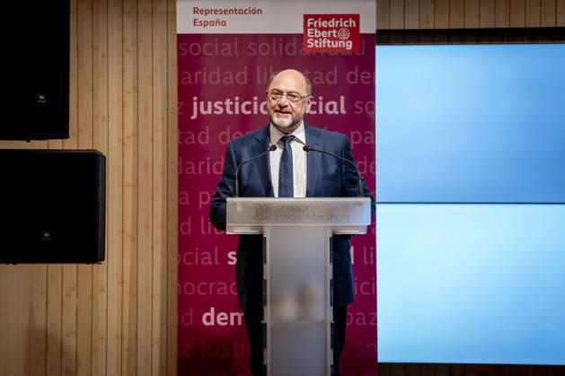 Yolanda Díaz speaks at the event Democracy and International Solidarity. Former President of the European Parliament Martin Schulz speaks during the event Democracy and International Solidarity: The Past, a Driving Force for Building the Future, on October 6, 2026, in Madrid, Spain. The event was held to mark the 50th anniversary of the Spanish delegation of the German Friedrich Ebert Foundation (Friedrich Ebert Stiftung), FES in Spain. OCTOBER 6, 2026. YOLANDA ECONOMY DEMOCRACY MINISTER OF LABOR IN Madrid, Spain  Copyright: xA.xPÃ rezxMecax 7825137
