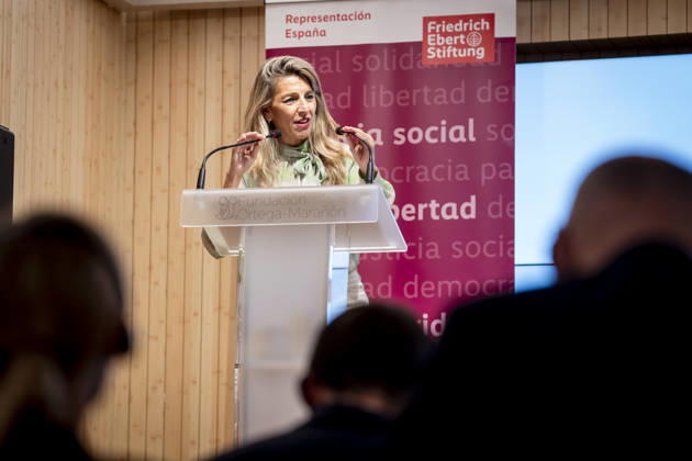 Yolanda Díaz Speaks at the Event Democracy and International Solidarity The Second Vice President of the Government and Minister of Labor and the Social Economy, Yolanda Díaz, spoke during the event Democracy and International Solidarity: The Past, a Driving Force for Building the Future, on October 6, 2026, in Madrid, Spain. The event was held to mark the 50th anniversary of the German Friedrich Ebert Foundation (Friedrich Ebert Stiftung) delegation, FES in Spain. OCTOBER 6, 2026. YOLANDA ECONOMY DEMOCRACY MINISTER LABOR ON FOOT Madrid, Spain Copyright: xA.xPÃ rezxMecax 7825147