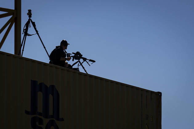 A member of US Secret Service Counter Sniper (CS) keeps watch during an event at Tradepoint Atlantic in Sparrows Point, Maryland on Tuesday, Oct. 6, 2026. Anduril is in advanced talks to build an autonomous surface-vessel factory at Tradepoint Atlantic, which would give the company an East Coast hub alongside its Foss Maritime shipyard in Seattle and undersea-vehicle factory at Quonset Business Park in Rhode Island.  BAL20261006101 AlxDrago