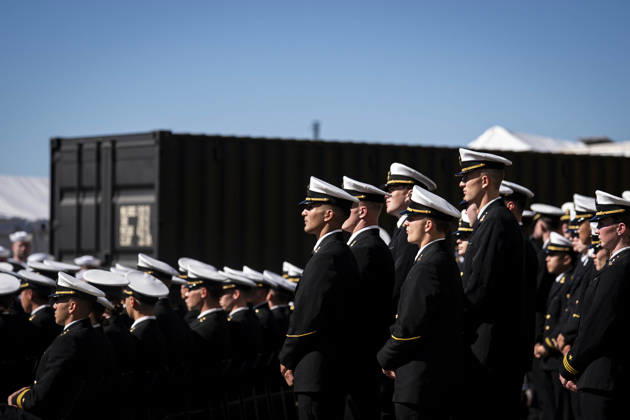 Members of the Navy listen during an event at Tradepoint Atlantic in Sparrows Point, Maryland on Tuesday, Oct. 6, 2026. Anduril is in advanced talks to build an autonomous surface-vessel factory at Tradepoint Atlantic, which would give the company an East Coast hub alongside its Foss Maritime shipyard in Seattle and undersea-vehicle factory at Quonset Business Park in Rhode Island.  BAL20261006106 AlxDrago