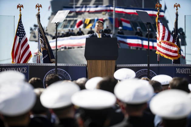 Acting Secretary of the Navy Hung Cao speaks during an event at Tradepoint Atlantic in Sparrows Point, Maryland on Tuesday, Oct. 6, 2026. Anduril is in advanced talks to build an autonomous surface-vessel factory at Tradepoint Atlantic, which would give the company an East Coast hub alongside its Foss Maritime shipyard in Seattle and undersea-vehicle factory at Quonset Business Park in Rhode Island.  BAL20261006110 AlxDrago
