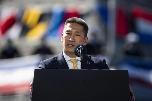 Acting Secretary of the Navy Hung Cao speaks during an event at Tradepoint Atlantic in Sparrows Point, Maryland on Tuesday, Oct. 6, 2026. Anduril is in advanced talks to build an autonomous surface-vessel factory at Tradepoint Atlantic, which would give the company an East Coast hub alongside its Foss Maritime shipyard in Seattle and undersea-vehicle factory at Quonset Business Park in Rhode Island.  BAL20261006111 AlxDrago