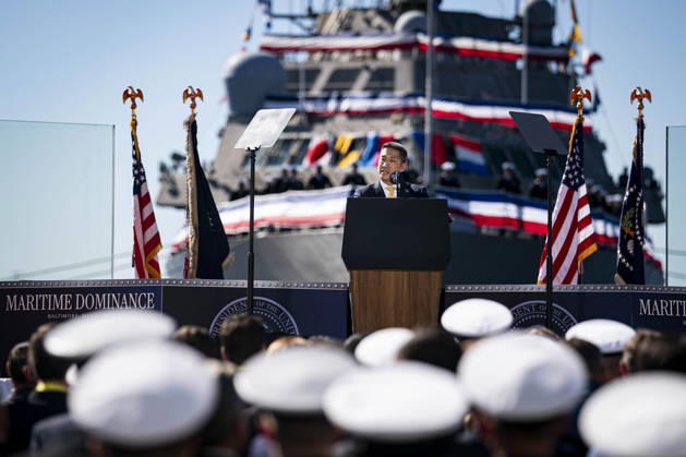 Acting Secretary of the Navy Hung Cao speaks during an event at Tradepoint Atlantic in Sparrows Point, Maryland on Tuesday, Oct. 6, 2026. Anduril is in advanced talks to build an autonomous surface-vessel factory at Tradepoint Atlantic, which would give the company an East Coast hub alongside its Foss Maritime shipyard in Seattle and undersea-vehicle factory at Quonset Business Park in Rhode Island.  BAL20261006112 AlxDrago