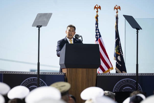Acting Secretary of the Navy Hung Cao speaks during an event at Tradepoint Atlantic in Sparrows Point, Maryland on Tuesday, Oct. 6, 2026. Anduril is in advanced talks to build an autonomous surface-vessel factory at Tradepoint Atlantic, which would give the company an East Coast hub alongside its Foss Maritime shipyard in Seattle and undersea-vehicle factory at Quonset Business Park in Rhode Island.  BAL20261006113 AlxDrago