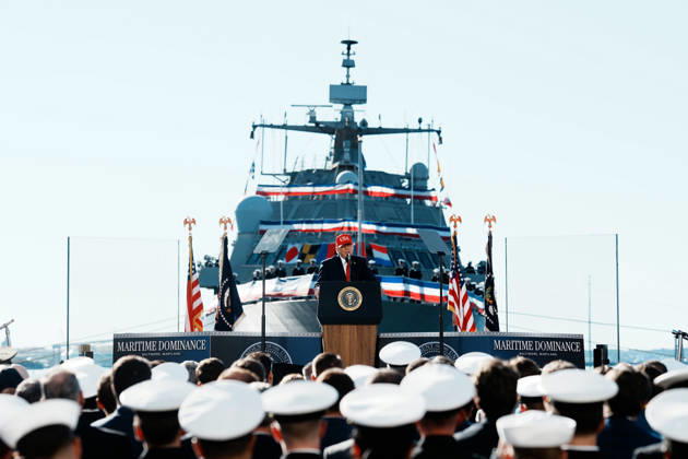 President Donald Trump speaks during an event at Tradepoint Atlantic in Sparrows Point, Marylan on Tuesday, Oct. 6, 2026. Anduril Industries, known for building drones and autonomous aircraft, is investing $3.7 billion to build a massive new shipbuilding facility named Arsenal 2 in Maryland, a move that will enhance the US Navy s nuclear-powered submarine production.  BAL20261006118 AlxDrago