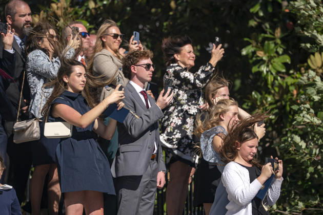 October 6, 2026, Washington, District Of Columbia, USA: Gold Star Families film as Marine One, with United States President Donald J Trump on board departs the South Lawn of the White House in Washington, DC, USA, on Tuesday, October 6, 2026. The President is going to Baltimore, Maryland to deliver remarks at Anduril Industries, a tech company that builds robotic weapons and software for the military Washington USA - ZUMAs152 20261006_faa_s152_006 Copyright: xBonniexCashx-xPoolxviaxCNPx