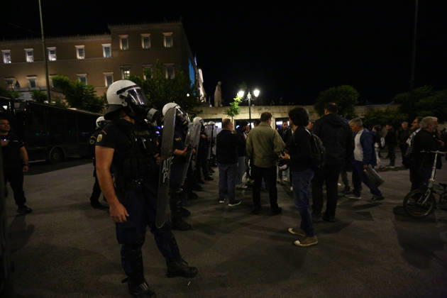 October 6, 2026, Athens, Attica, GREECE: Riot police stand near demonstrators during an anti-war protest opposing the visit of US Secretary of State MARCO RUBIO. Athens GREECE - ZUMAx103 20261006_zip_x103_013 Copyright: xHarrisxXanthopoulosx