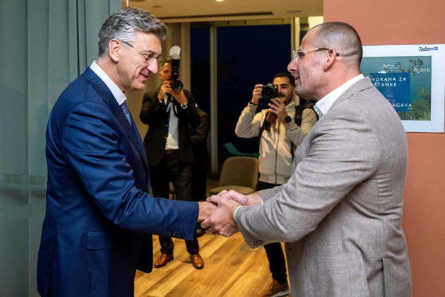 Croatia, Split, 06.10.2026. Radisson Blu Resort and Spa Hotel. Bilateral meeting between Prime Minister Andrej Plenkovic and Prime Minister of Malta Robert Abel on the sidelines of the MED9 summit. In the photo: Robert Abel, Andrej Plenkovic. Photo: Tom Dubravec CROPIX Split CROATIA Copyright: xxTomxDubravecx plenkovic_abel1-061026
