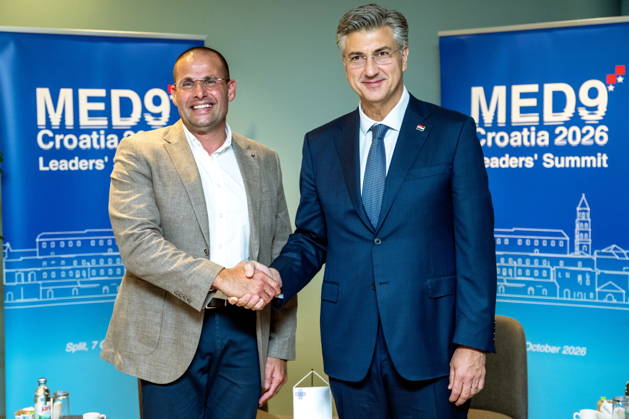 Croatia, Split, 06.10.2026. Radisson Blu Resort and Spa Hotel. Bilateral meeting between Prime Minister Andrej Plenkovic and Prime Minister of Malta Robert Abel on the sidelines of the MED9 summit. In the photo: Robert Abel, Andrej Plenkovic. Photo: Tom Dubravec CROPIX Split CROATIA Copyright: xxTomxDubravecx plenkovic_abel2-061026