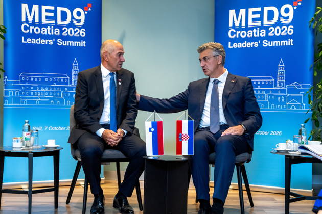 Croatia, Split, 06.10.2026. Radisson Blu Resort and Spa Hotel. Bilateral meeting between Prime Minister Andrej Plenkovic and Slovenian Prime Minister Janez Jansa on the sidelines of the MED9 summit. In the photo: Janez Jansa, Andrej Plenkovic. Photo: Tom Dubravec CROPIX Split CROATIA Copyright: xxTomxDubravecx plenkovic_jansa6-061026