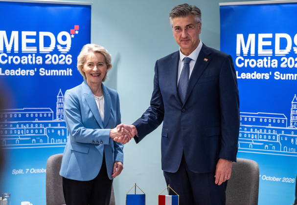 Croatia, Split, 06.10.2026. Radisson Blu Resort and Spa Hotel. Bilateral meeting between Prime Minister Andrej Plenkovic and European Commission President Ursula von der Leyen on the sidelines of the MED9 summit. In the photo: Ursula von der Leyen, Andrej Plenkovic. Photo: Tom Dubravec CROPIX Split CROATIA Copyright: xxTomxDubravecx plenkovic_leyen3-061026