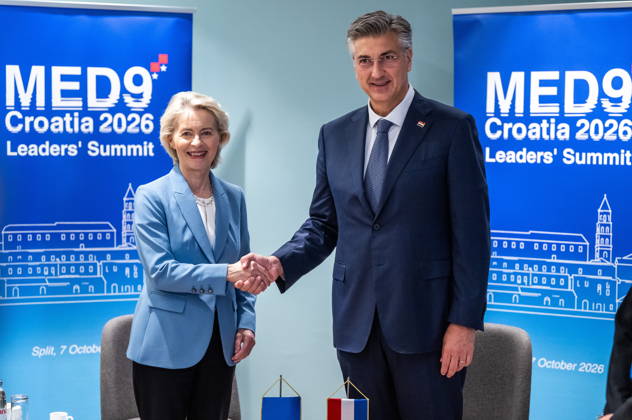 Croatia, Split, 06.10.2026. Radisson Blu Resort and Spa Hotel. Bilateral meeting between Prime Minister Andrej Plenkovic and European Commission President Ursula von der Leyen on the sidelines of the MED9 summit. In the photo: Ursula von der Leyen, Andrej Plenkovic. Photo: Tom Dubravec CROPIX Split CROATIA Copyright: xxTomxDubravecx plenkovic_leyen4-061026