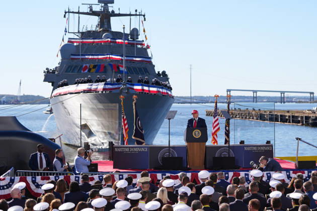 The President of the United States, Donald Trump, speaks during an event with members of the Navy at the Port of Baltimore in Maryland, United States, 06 October 2026. Trump mocked the reaction of Mexican leader Claudia Sheinbaum when, last year, he decreed changing the name of the Gulf of Mexico to the Gulf of America. Trump mocks Sheinbaum s reaction when he changed the name of the Gulf of Mexico !ACHTUNG: NUR REDAKTIONELLE NUTZUNG!  Copyright: xOctavioxGuzmánx AME3397 20261006-55021607965_1