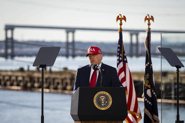 President Donald Trump speaks during an event at Tradepoint Atlantic in Sparrows Point, Marylan on Tuesday, Oct. 6, 2026. Anduril Industries, known for building drones and autonomous aircraft, is investing $3.7 billion to build a massive new shipbuilding facility named Arsenal 2 in Maryland, a move that will enhance the US Navy s nuclear-powered submarine production.  BAL20261006124 AlxDrago