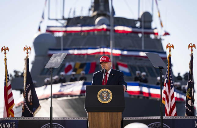 President Donald Trump speaks during an event at Tradepoint Atlantic in Sparrows Point, Marylan on Tuesday, Oct. 6, 2026. Anduril Industries, known for building drones and autonomous aircraft, is investing $3.7 billion to build a massive new shipbuilding facility named Arsenal 2 in Maryland, a move that will enhance the US Navy s nuclear-powered submarine production.  BAL20261006129 AlxDrago