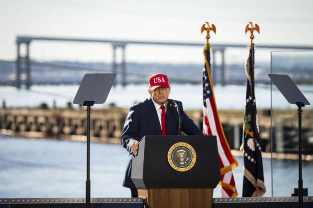 President Donald Trump speaks during an event at Tradepoint Atlantic in Sparrows Point, Marylan on Tuesday, Oct. 6, 2026. Anduril Industries, known for building drones and autonomous aircraft, is investing $3.7 billion to build a massive new shipbuilding facility named Arsenal 2 in Maryland, a move that will enhance the US Navy s nuclear-powered submarine production.  BAL20261006131 AlxDrago