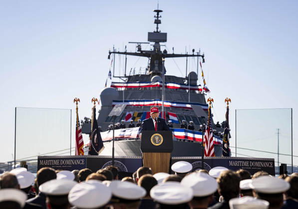 President Donald Trump speaks during an event at Tradepoint Atlantic in Sparrows Point, Marylan on Tuesday, Oct. 6, 2026. Anduril Industries, known for building drones and autonomous aircraft, is investing $3.7 billion to build a massive new shipbuilding facility named Arsenal 2 in Maryland, a move that will enhance the US Navy s nuclear-powered submarine production.  BAL20261006132 AlxDrago