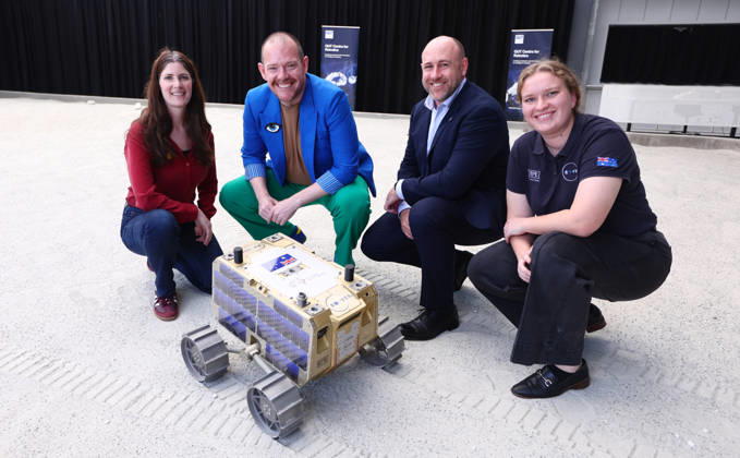 AUSTRALIAN LUNAR ROVER LAUNCH, (Left to Right) Katie Doyle - Roover Technical Director, Keegan Buzza - Australian Space Agency, Ben Sorensen - Roover Director and Emily Crabb - Mechatronics Engineer at EPE during the launch of Roo-ver an Australian-designed and built lunar rover at QUT Kelvin Grove, in Brisbane, Wednesday, October 7, 2026. ( NO ARCHIVING BRISBANE QUEENSLAND Australia  Copyright: xJASONxO BRIENx 20261007183345036330