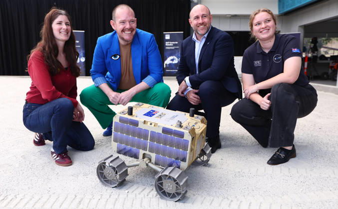 AUSTRALIAN LUNAR ROVER LAUNCH, (Left to Right) Katie Doyle - Roover Technical Director, Keegan Buzza - Australian Space Agency, Ben Sorensen - Roover Director and Emily Crabb - Mechatronics Engineer at EPE during the launch of Roo-ver an Australian-designed and built lunar rover at QUT Kelvin Grove, in Brisbane, Wednesday, October 7, 2026. ( NO ARCHIVING BRISBANE QUEENSLAND Australia  Copyright: xJASONxO BRIENx 20261007192168179577
