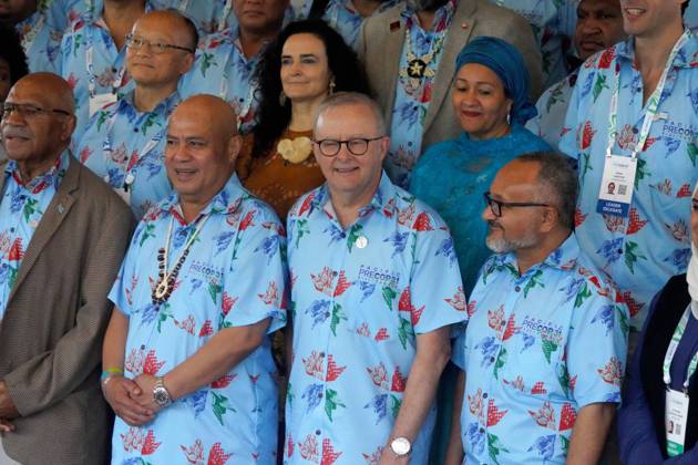 October 6, 2026, Funafuti, Funafuti, Tuvalu: Australian Prime Minister ANTHONY ALBANESE, Fijian Prime Minister SITIVENI RABUKA, and Tuvaluan Prime Minister FELETI TEO and other international leaders attend the Pre-COP31 Leaders™ event in Funafuti, Tuvalu, on October 6, 2026. Complementing the ministerial meeting in Fiji, the visit brings global decision-makers to the low-lying Pacific island nation to witness climate impacts and community adaptation efforts firsthand and advance climate action ahead of COP31 in Antalya, Türkiye. Funafuti Tuvalu - ZUMA 20261006_int_h213_022 Copyright: xHuang Mendersx