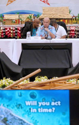 October 6, 2026, Funafuti, Funafuti, Tuvalu: Tuvaluan Prime Minister FELETI TEO addresses attendees at the Pre-COP31 Leaders™ event in Funafuti, Tuvalu. A monitor in the foreground displays the question Will you act in time? to the audience. Funafuti Tuvalu - ZUMA 20261006_int_h213_037 Copyright: xHuang Mendersx