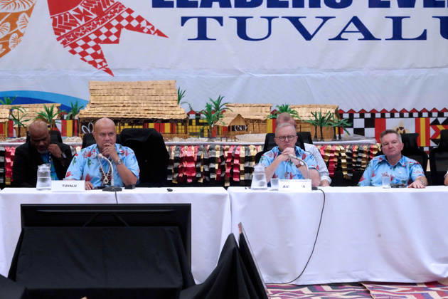 October 6, 2026, Funafuti, Funafuti, Tuvalu: Tuvaluan Prime Minister FELETI TEO, Australian Prime Minister ANTHONY ALBANESE, and CHRIS BOWEN, and Australian Minister for Climate Change and Energy participate in the Pre-COP31 Leaders™ event in Funafuti, Tuvalu. Over a dozen leaders touched down on the tiny Pacific atoll nation of Tuvalu on October 6, 2026 for a first-hand look at a once-vibrant ecosystem being threatened due to climate change. Funafuti Tuvalu - ZUMA 20261006_int_h213_039 Copyright: xHuang Mendersx