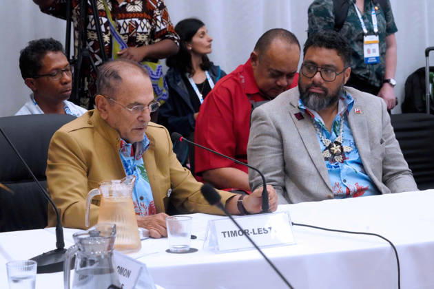October 6, 2026, Funafuti, Funafuti, Tuvalu: JOSE RAMOS-HORTA, Timor-Leste President, addresses the attendees at the Pre-COP31 Leaders™ event, including Tuvaluan Prime Minister FELETI TEO in Funafuti, Tuvalu. Over a dozen leaders touched down on the tiny Pacific atoll nation of Tuvalu on October 6, 2026 for a first-hand look at a once-vibrant ecosystem being threatened due to climate change. Funafuti Tuvalu - ZUMA 20261006_int_h213_041 Copyright: xHuang Mendersx
