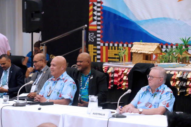 October 6, 2026, Funafuti, Funafuti, Tuvalu: Tuvaluan Prime Minister FELETI TEO and Australian Prime Minister ANTHONY ALBANESE participate in the Pre-COP31 Leaders™ event in Funafuti, Tuvalu. Over a dozen leaders touched down on the tiny Pacific atoll nation of Tuvalu on October 6, 2026 for a first-hand look at a once-vibrant ecosystem being threatened due to climate change. Funafuti Tuvalu - ZUMA 20261006_int_h213_042 Copyright: xHuang Mendersx