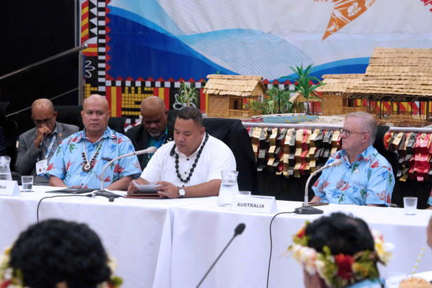 October 6, 2026, Funafuti, Funafuti, Tuvalu: Tuvaluan Prime Minister FELETI TEO and Australian Prime Minister ANTHONY ALBANESE participate in the Pre-COP31 Leaders™ event in Funafuti, Tuvalu. Over a dozen leaders touched down on the tiny Pacific atoll nation of Tuvalu on October 6, 2026 for a first-hand look at a once-vibrant ecosystem being threatened due to climate change. Funafuti Tuvalu - ZUMA 20261006_int_h213_053 Copyright: xHuang Mendersx