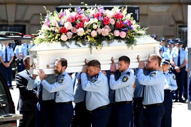 MIA LAY FUNERAL, Daniel Vasquez (right) the partner of Mia Lay, carries her casket during the funeral service for NSW Police Constable Mia Lay at St Andrew s Cathedral, in Sydney, Wednesday, October 7, 2026. Constable Mia Lay, 20, died when the marked vehicle she was a passenger in crashed into a tree early on September 25 in the Sydney suburb of Redfern. ( NO ARCHIVING SYDNEY NEW SOUTH WALES Australia  Copyright: xDANxHIMBRECHTSx 20261007160311905554