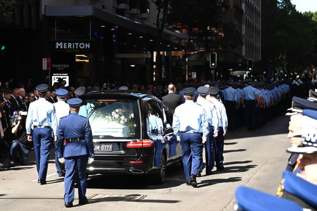 MIA LAY FUNERAL, NSW Police march in a procession on Bathurst street during the funeral service for NSW Police Constable Mia Lay at St Andrew s Cathedral, in Sydney, Wednesday, October 7, 2026. Constable Mia Lay, 20, died when the marked vehicle she was a passenger in crashed into a tree early on September 25 in the Sydney suburb of Redfern. ( NO ARCHIVING SYDNEY NEW SOUTH WALES Australia  Copyright: xDANxHIMBRECHTSx 20261007173863982909