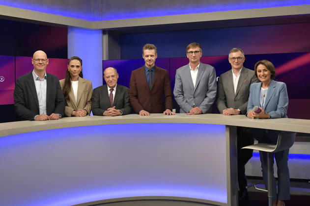 Matthias Deiß, Franca Lehfeldt, Gregor Gysi, Florian Schroeder, Sönke Neitzel, Andreas Rödder und Sandra Maischberger in der ARD-Talkshow maischberger im Studio Berlin Adlershof. Berlin, 06.10.2026